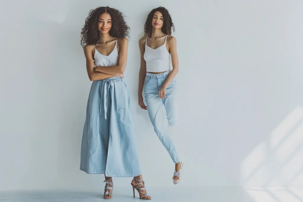 model wearing a denim skirt 