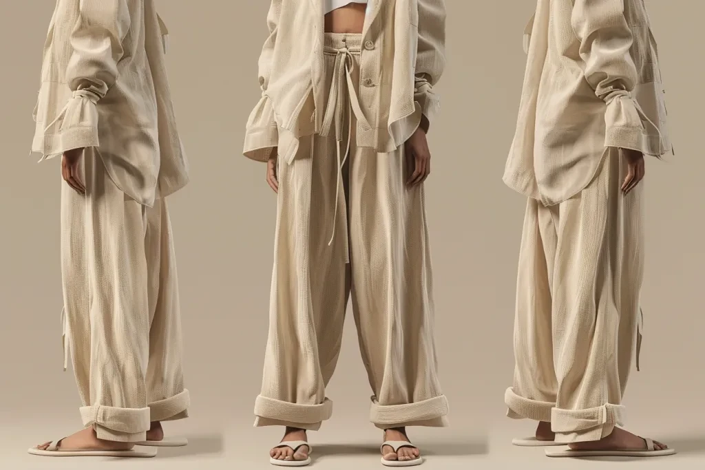 woman wearing linen wide leg pants