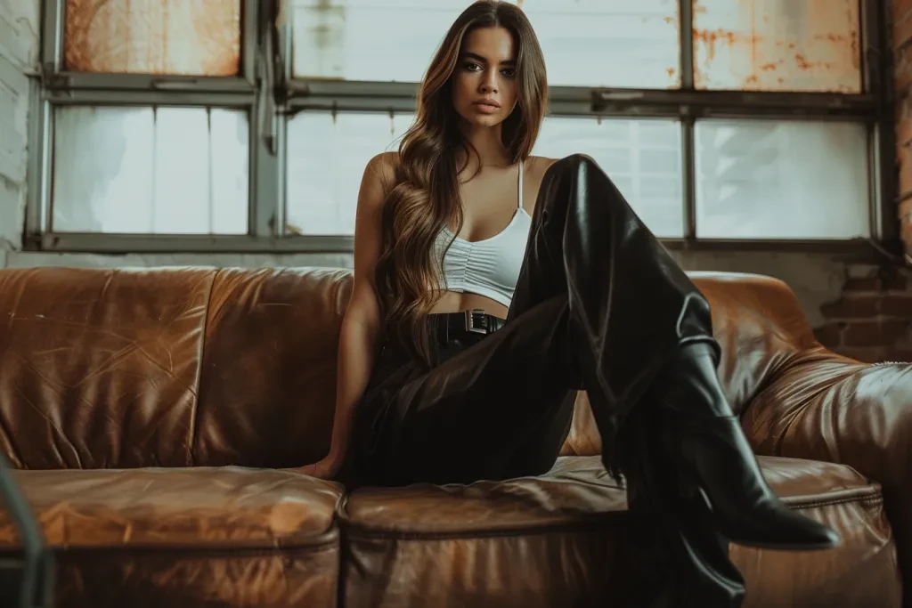 woman sitting on a leather couch