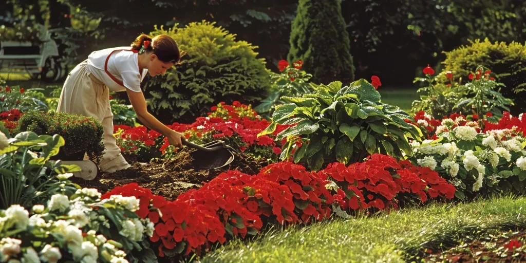 Red and white garden spots with beauty tilling the ground