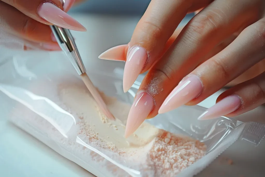 an Asian woman with long pink nails
