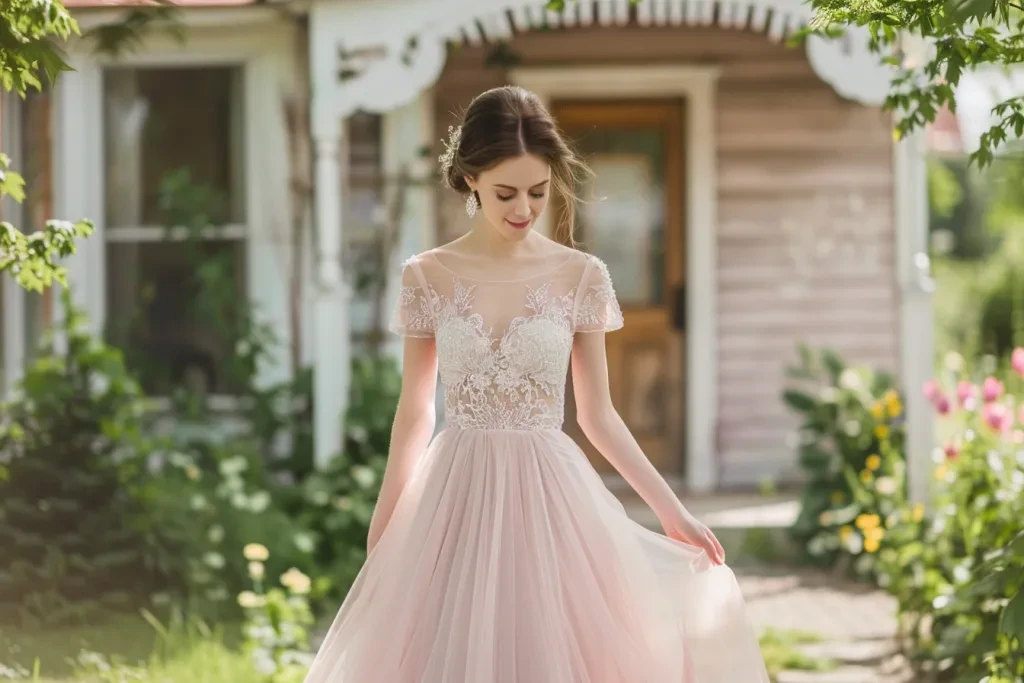 the bride dress is in dusty rose