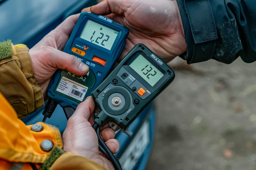 Two hands hold two digital energy meters