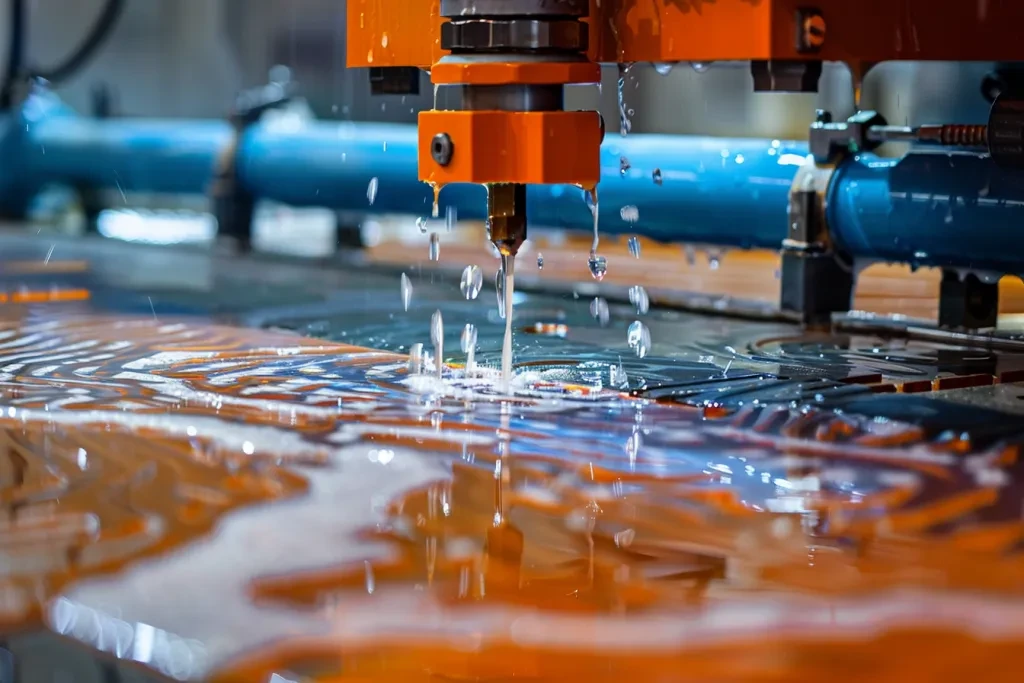 Water curls down onto the metal surface