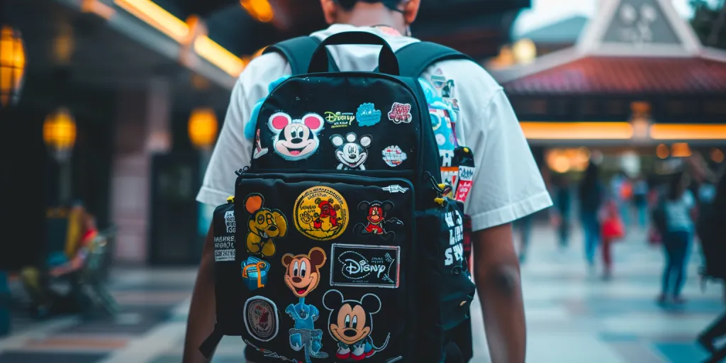 a black backpack with school patches