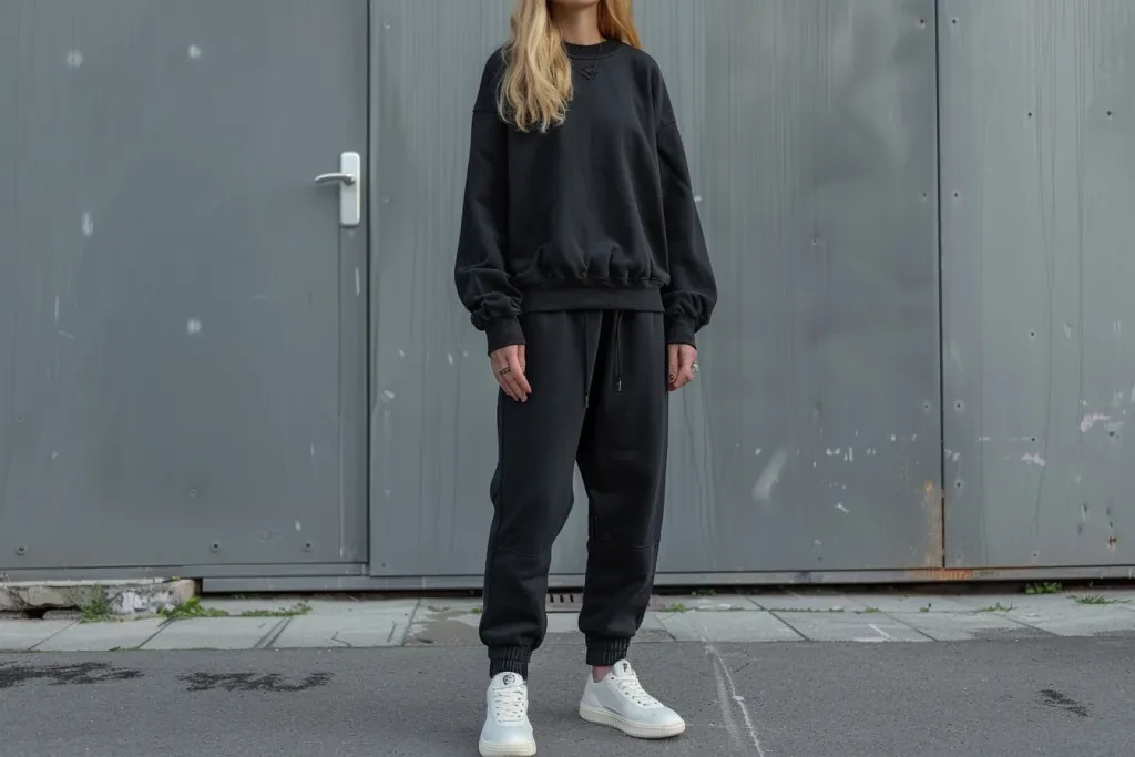 black sweatshirt and black lounge pants