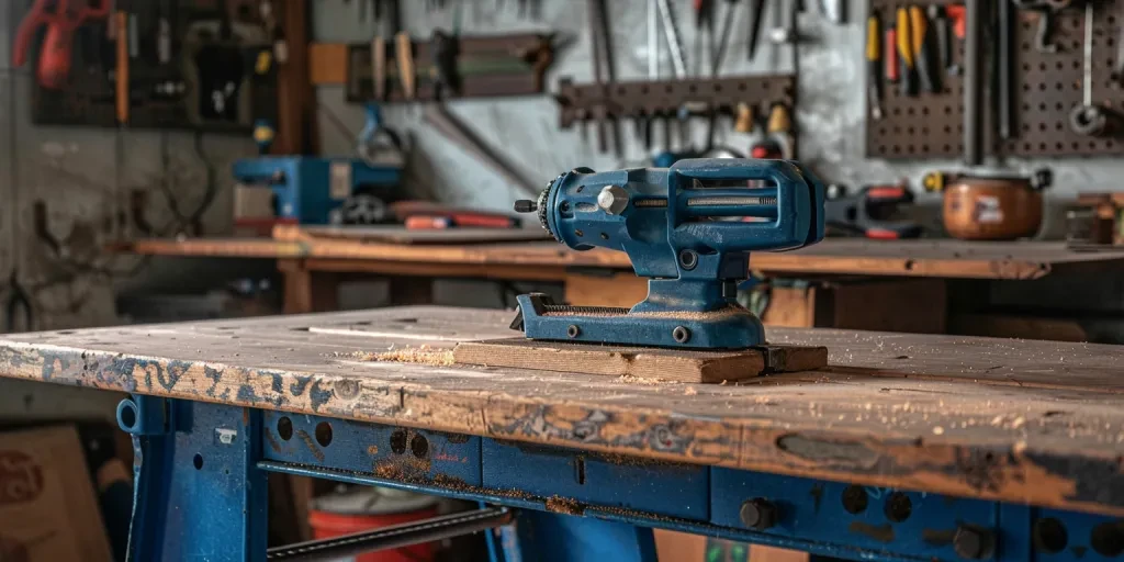 blue bench vise on wood workbench