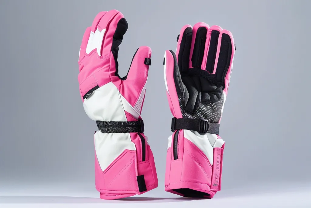 pink and white ski gloves