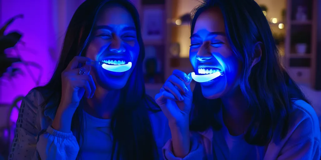 two women using an LED teeth whitening machine