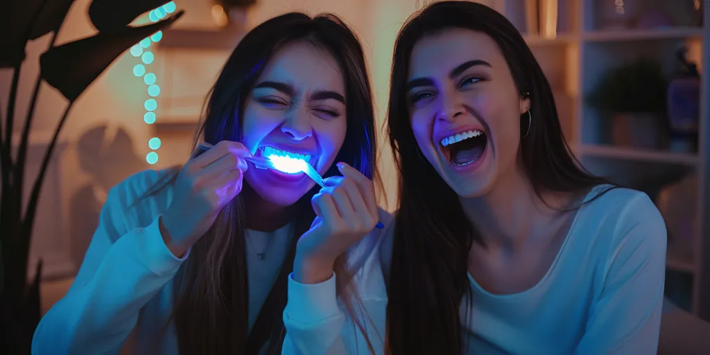 two women using an LED teeth whitening machine