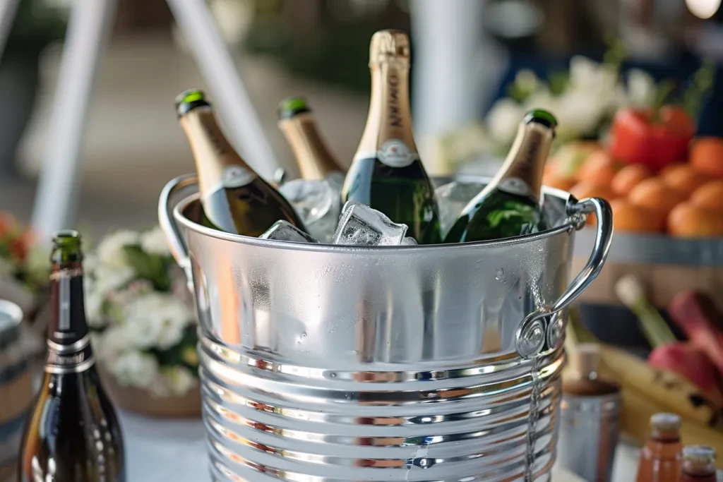 aluminum beer bucket is filled with ice and bottles of wine