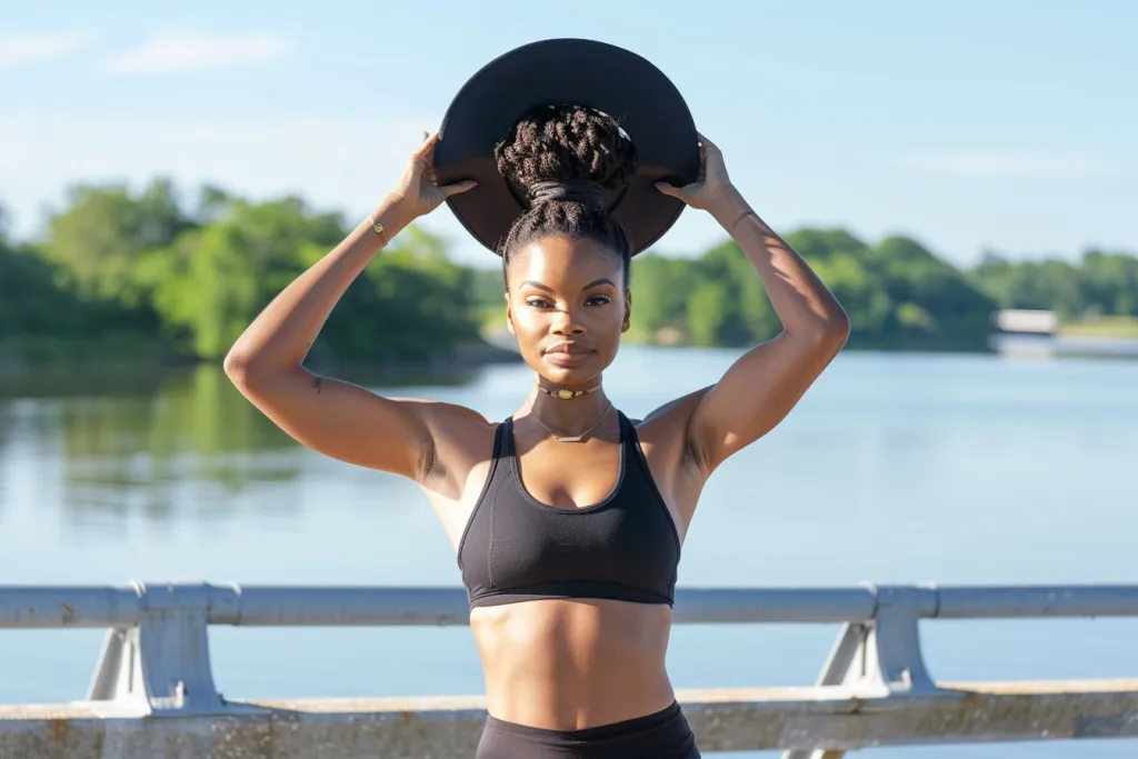 an African American woman wearing  a high impact sports bra