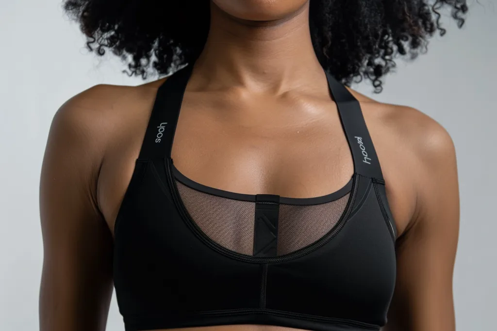 an African woman wearing  a black high impact sports bra