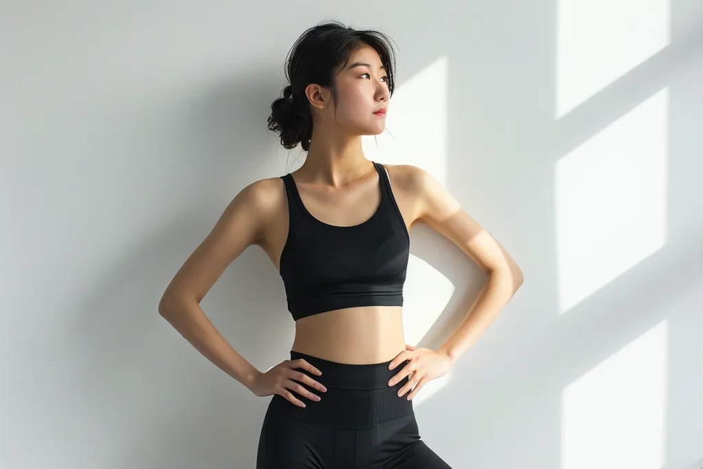 an Asian woman wearing  a high impact sports bra