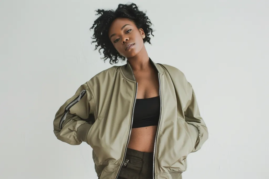 an attractive black woman wearing a light olive green bomber jacke