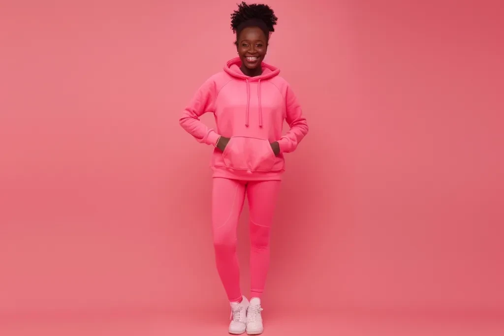 an attractive black woman wearing a pink long sleeve hoodie