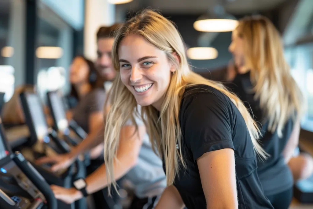 an attractive blonde woman in her late thirties, wearing black leggings and white sneakers having fun while working out on the back machine