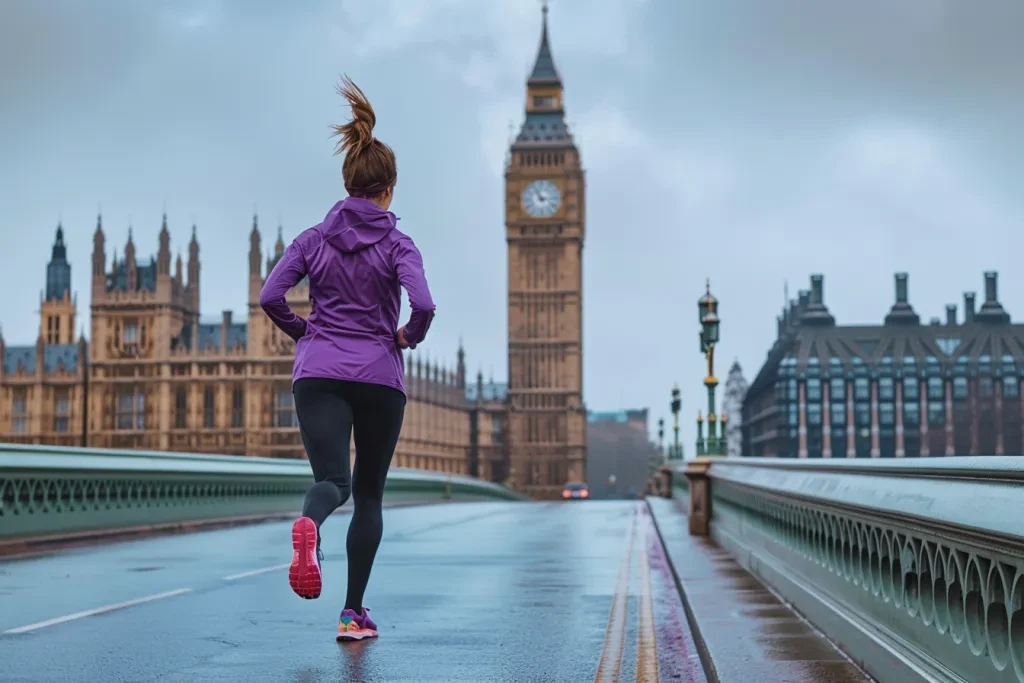 an attractive woman in purple running gear and black tights