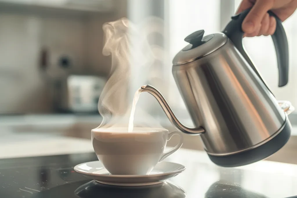 an electric kettle pouring water into the cup