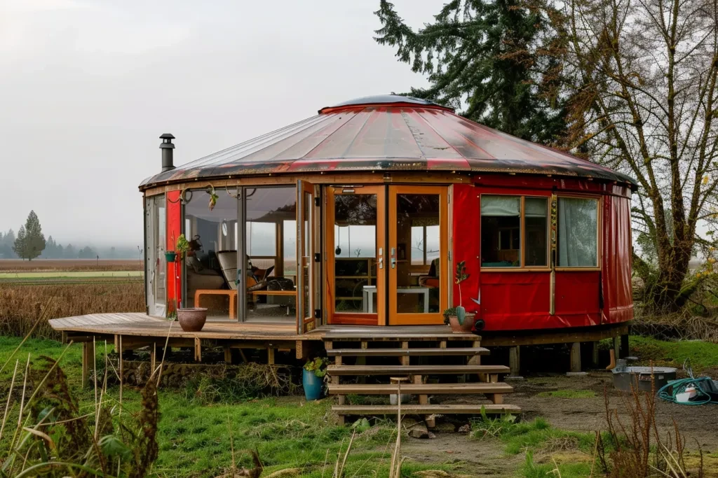 an off-grid modern red yurt with large windows and a wooden deck on the side