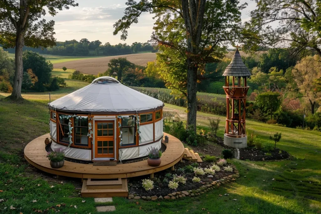 an off-grid yurt with wooden trim and white walls sitting on a small circular platform with wooden stairs leading up to the door entrance