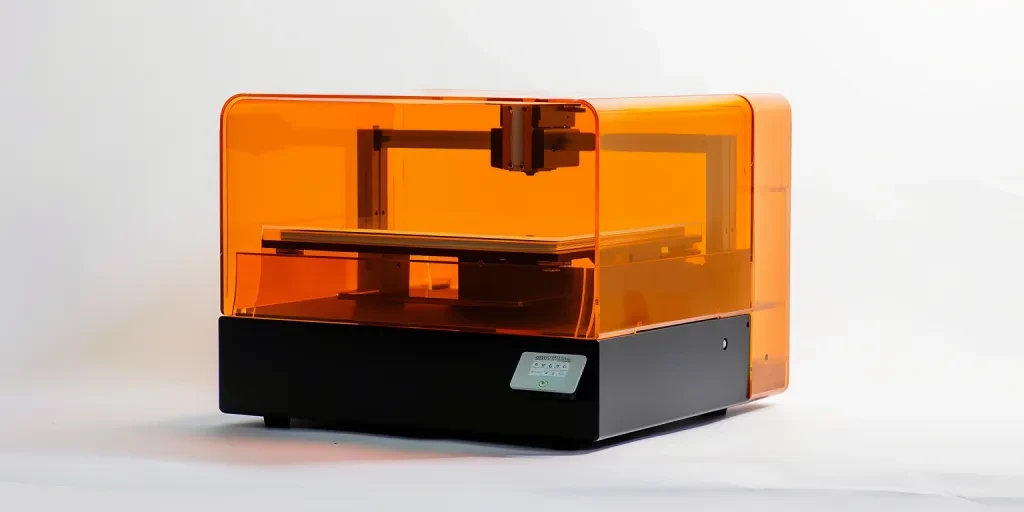 an orange resin printer with black plastic base and white background