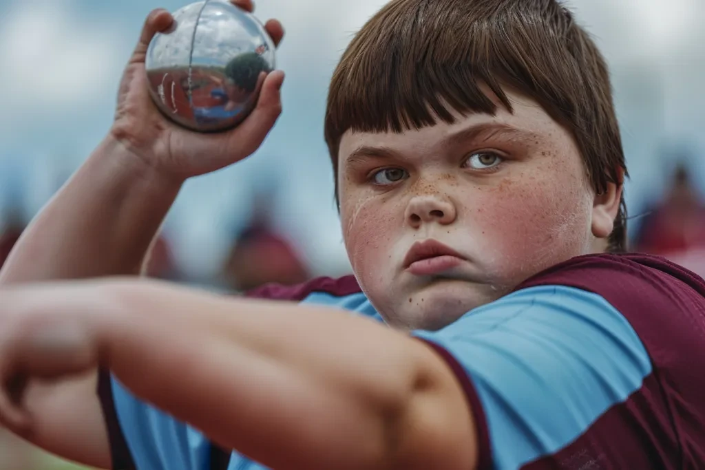 an overweight boy throwing a shot put