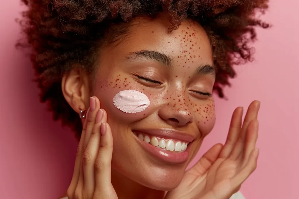 applying cream to her cheek and under eye area against a pink background