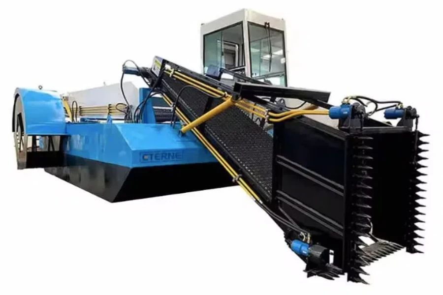 aquatic harvester showing cutting teeth and hydraulics