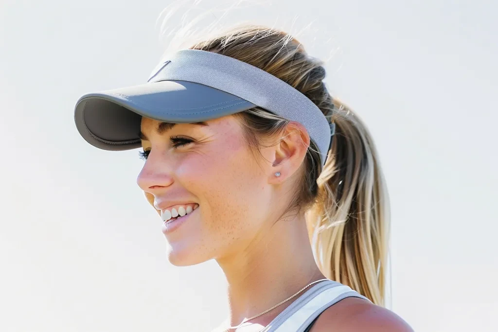 athletic woman wearing an iron grey visor