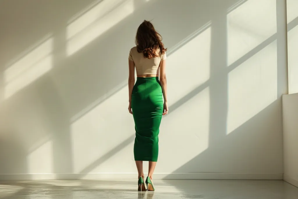 back view of woman in green pencil skirt