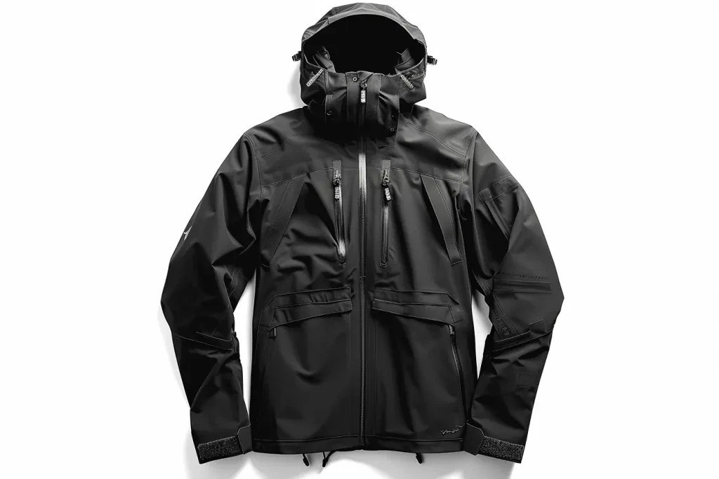 black snow jacket with zippers and a hood on a white background