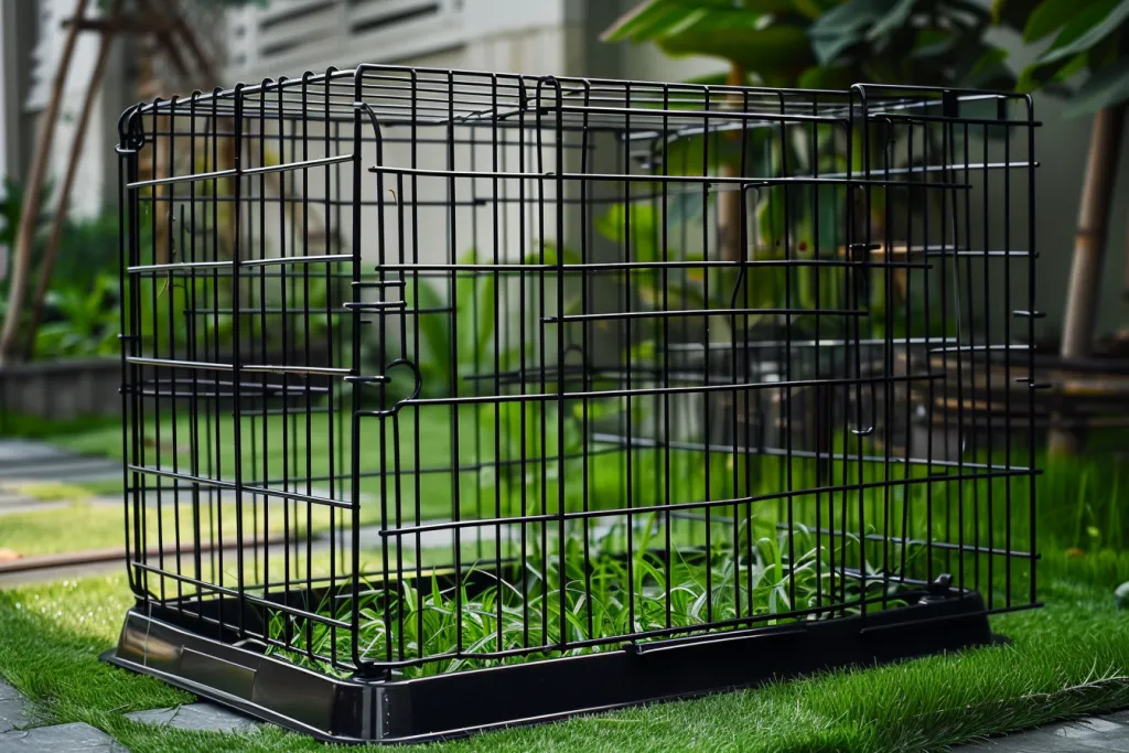 black wire dog cage with plastic tray