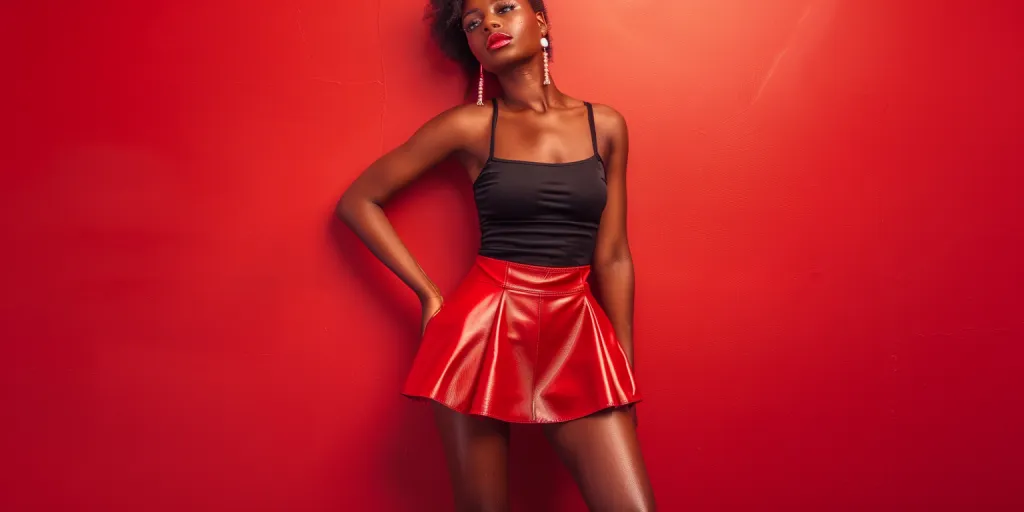 black woman wearing red leather mini skirt with black top