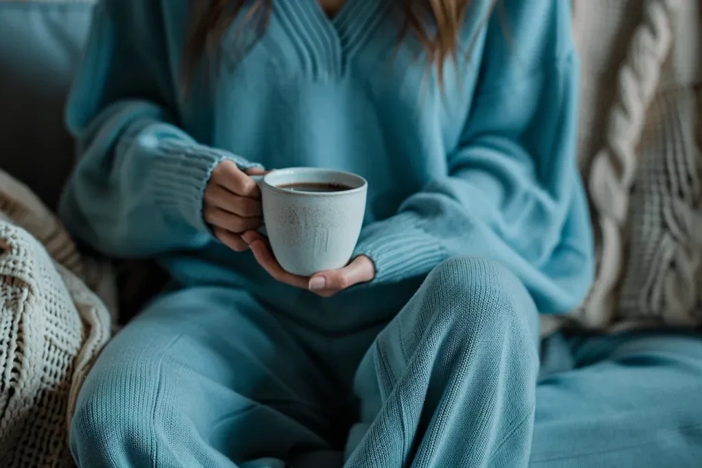 blue v-neck sweater and wide leg pants