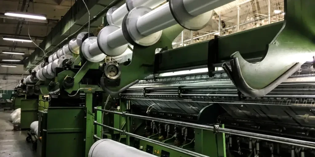 bobbins with white threads fed to a textile machine