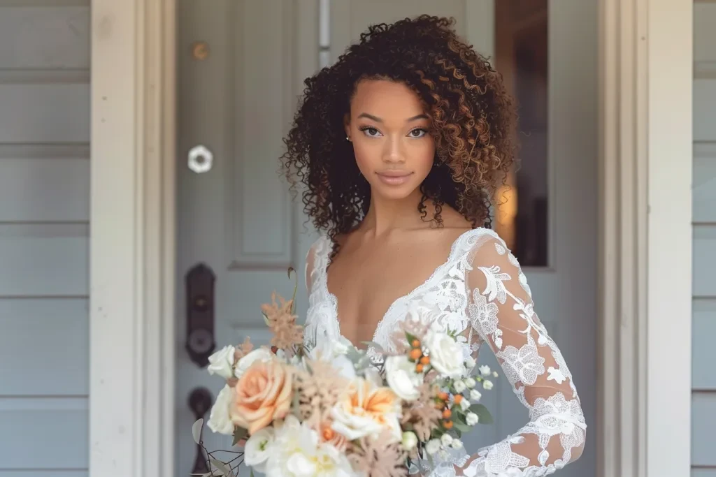 bride wearing white wedding dress with lace top and flowy skirt