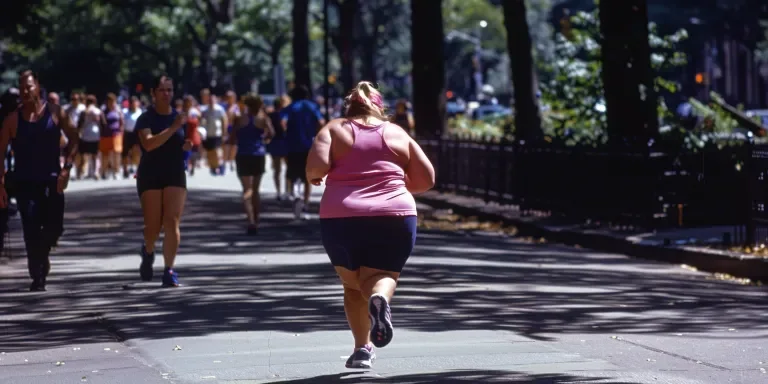 chubby woman in pink tank top and navy blue capri pants running