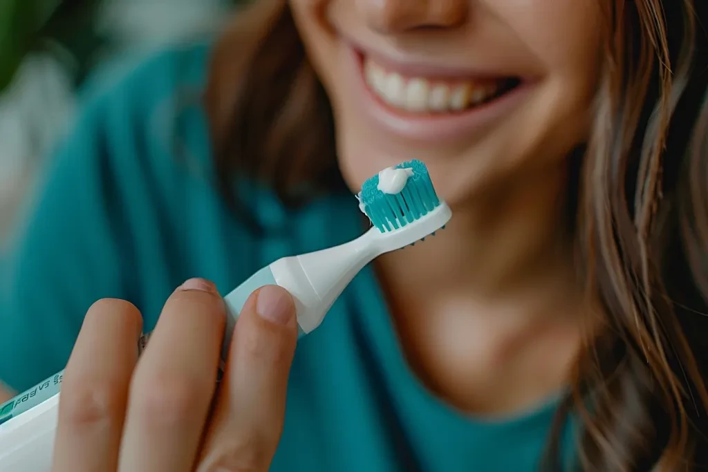 close up of woman's hand holding toothpaste tube