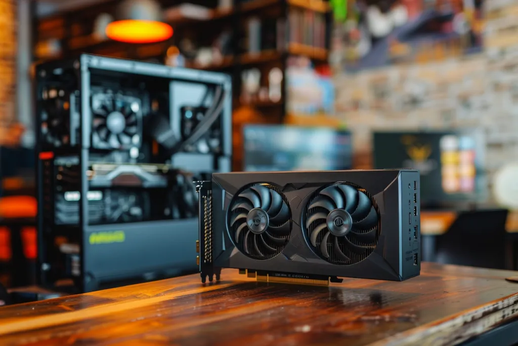 compact graphics card with two fans mounted on the side