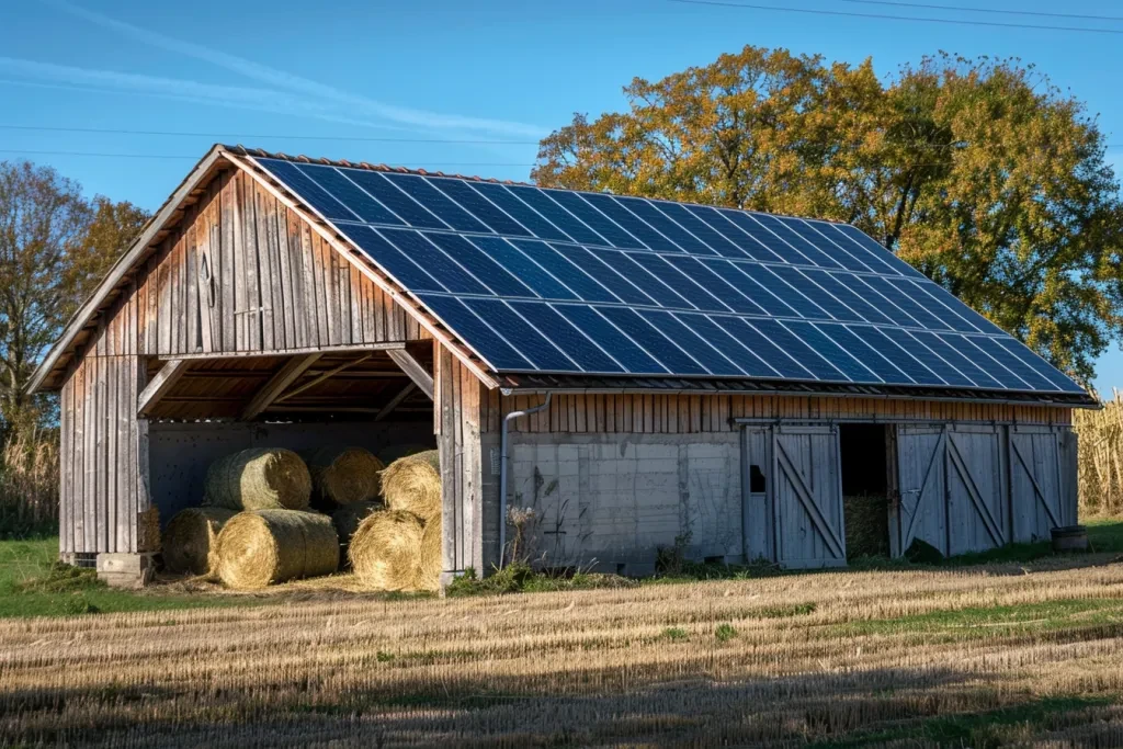 concrete barn with solar panels on roof, hay bales inside