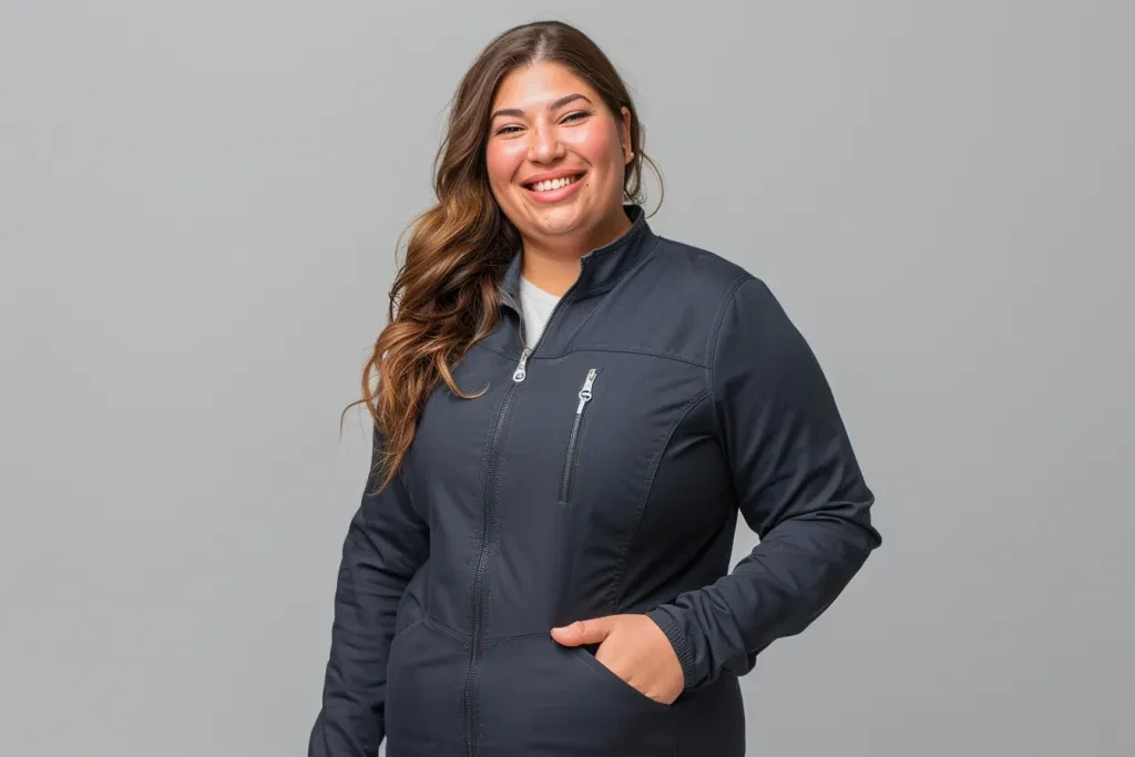 dark grey woman's nurse jacket with zippers and pockets