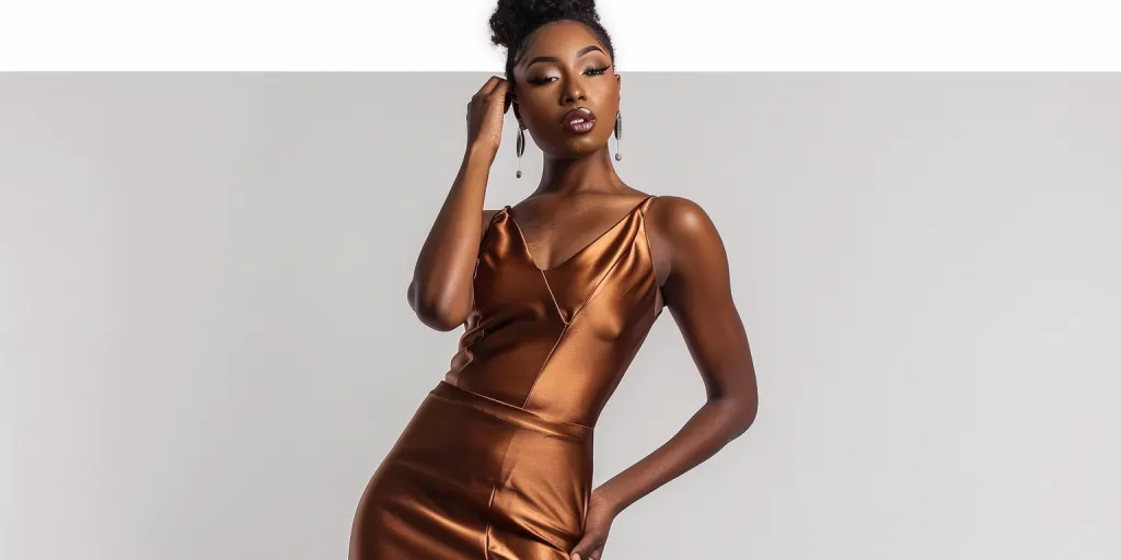 dark skin woman wearing brown satin bodycon mini dress
