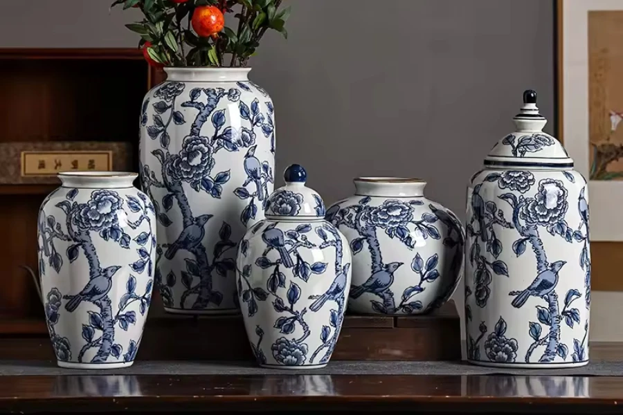 Delicate blue and white ceramic vintage vase