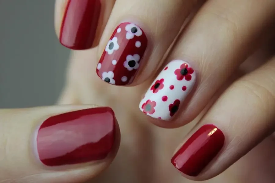 fake nails with red and floral themes