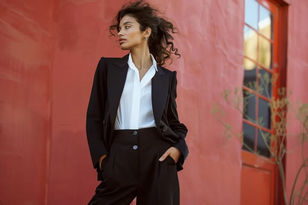 female model wearing slim fit black suit with wide leg pants