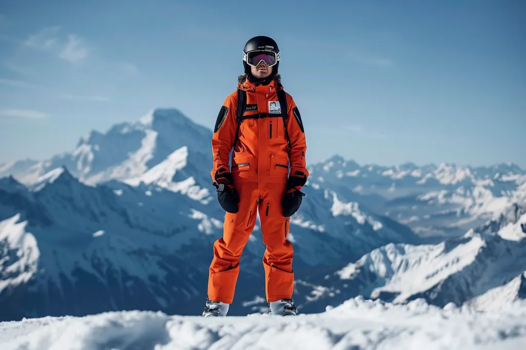 full body photo of a man in an orange ski suit, black helmet and goggles standing at the top with alps