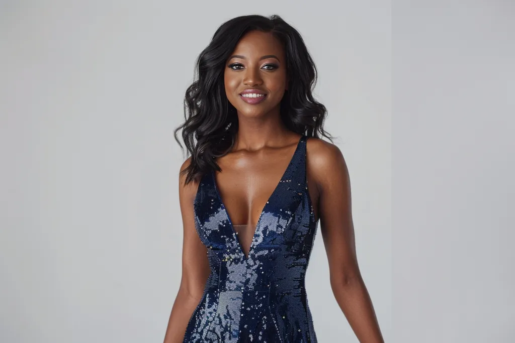full body photo of an attractive model wearing navy blue sequin vneck gown