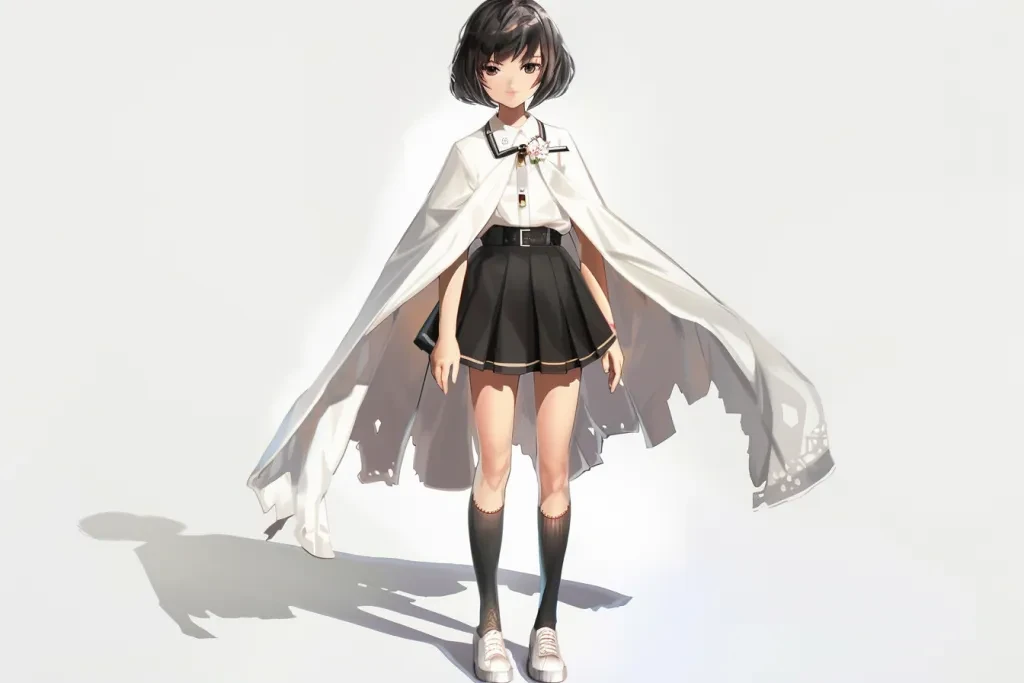 full body photo of anime young girl wearing white cape