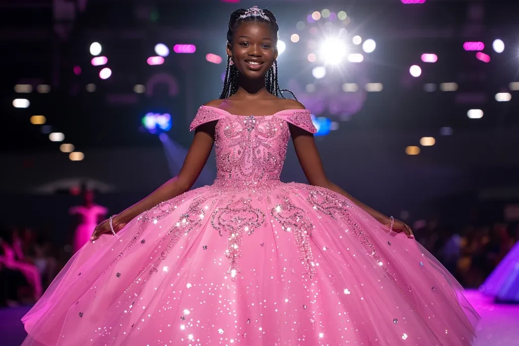 full body photo of teenage girl wearing pink long ball gown with diamond accents